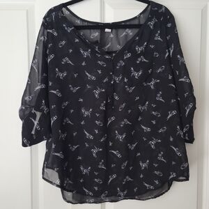 Torrid Black Sheer Harper Blouse with Bird Print Size 0X/12